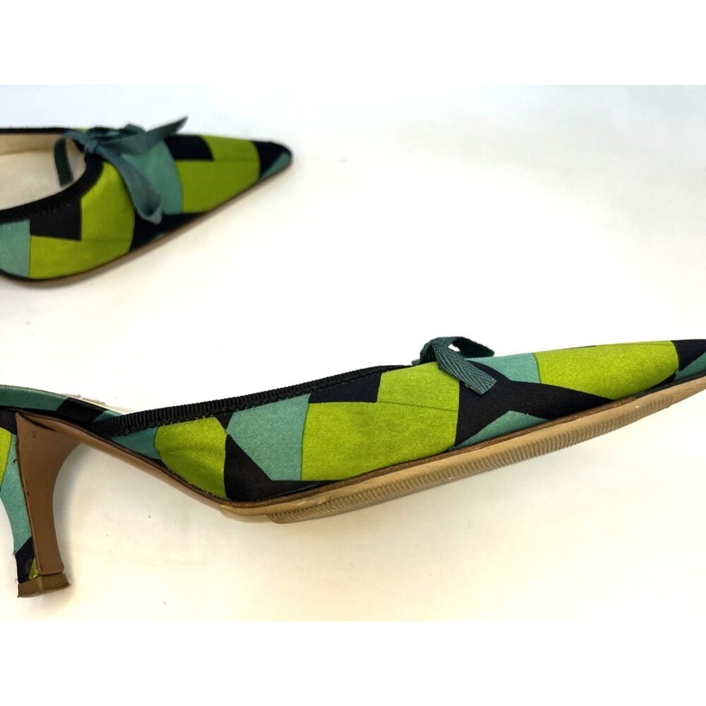VTG Prada Mules Sz 35.5 Satin Geometric Blue Green Kitten Heels Bow Accent RARE! - Picture 7 of 15